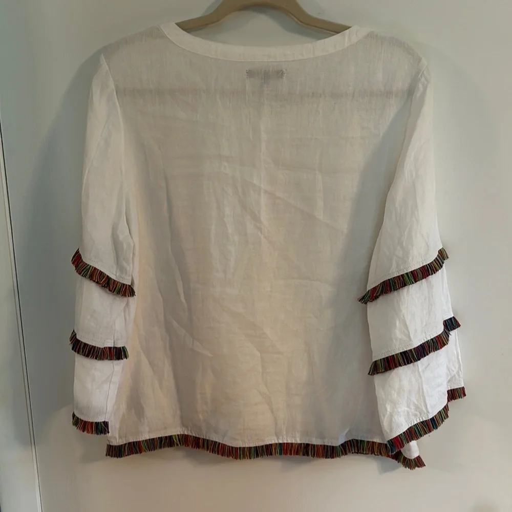 For Cynthia Linen Top Women’s Petite Large White Fringe Coastal Cottagecore - Picture 6 of 8